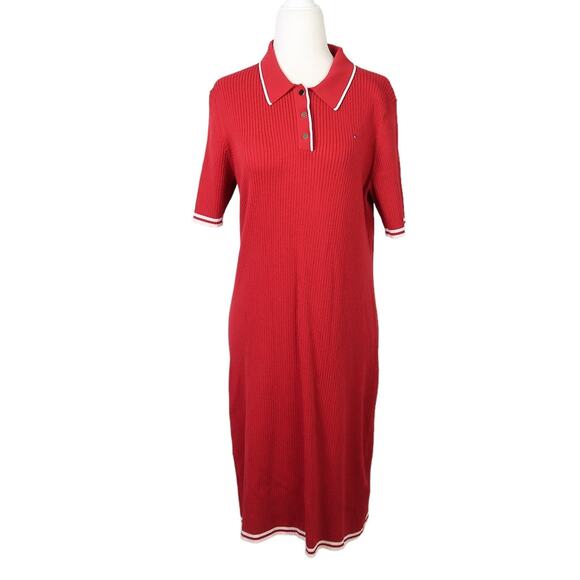 Tommy Hilfiger red ribbed knit short sleeve polo mini dress Large - Picture 1 of 6